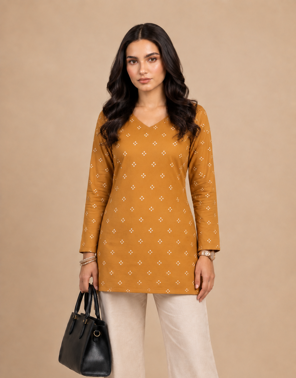 Mustard Bandhani Print Straight Kurti
