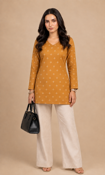 Mustard Bandhani Print Straight Kurti