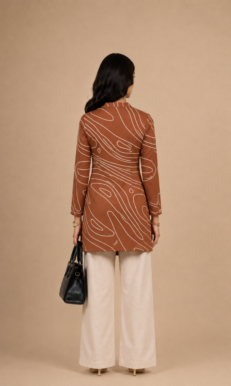 Rust Brown Abstract Line Print Straight Kurti