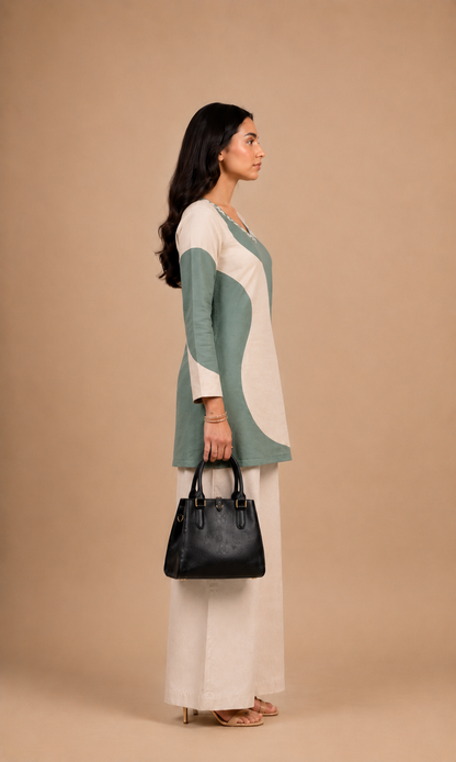Sage Green & Off White Printed Kurti