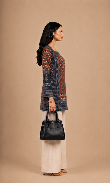 Rust Brown & Navy Blue Printed Short Kurti