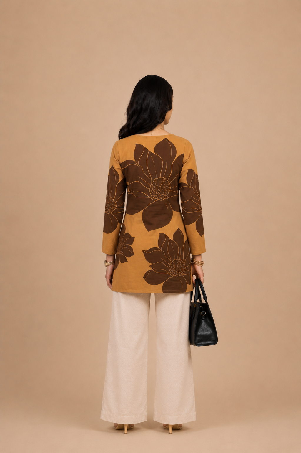 Mustard Brown Floral Printed Straight Kurti