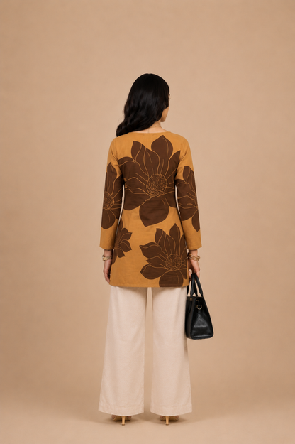 Mustard Brown Floral Printed Straight Kurti