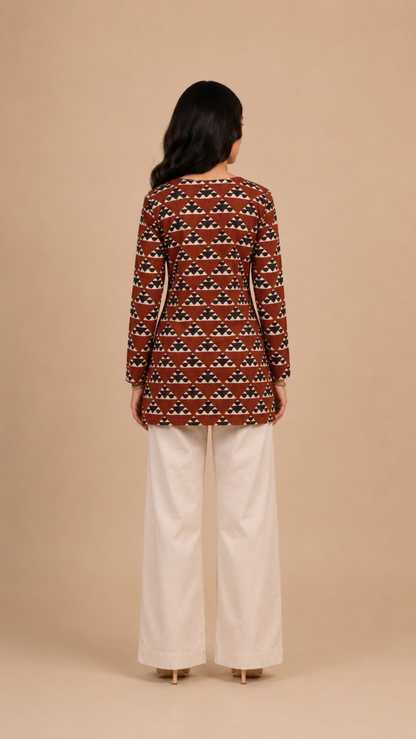 Rust Brown Geometric Printed Straight Kurti