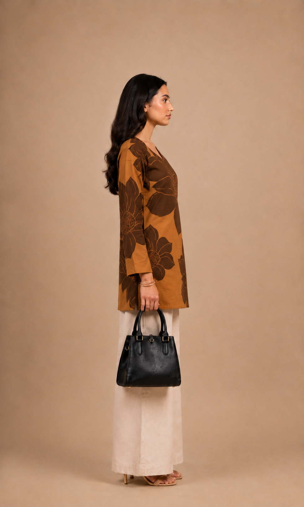 Mustard Brown Floral Printed Straight Kurti