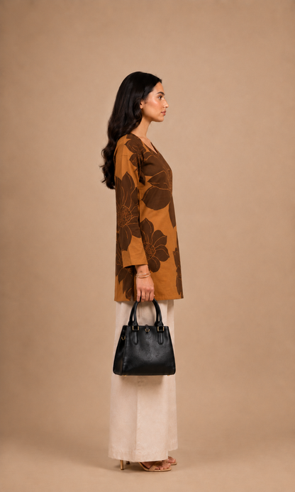Mustard Brown Floral Printed Straight Kurti