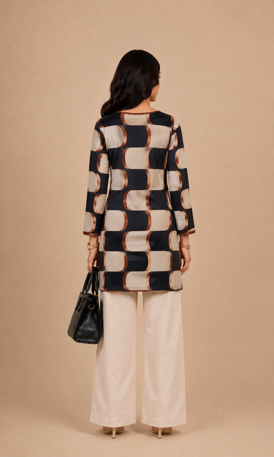 Retro Geometric Print Cotton Short Kurti
