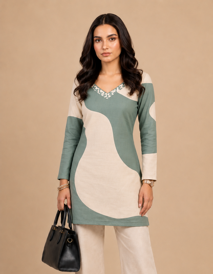 Sage Green & Off White Printed Kurti