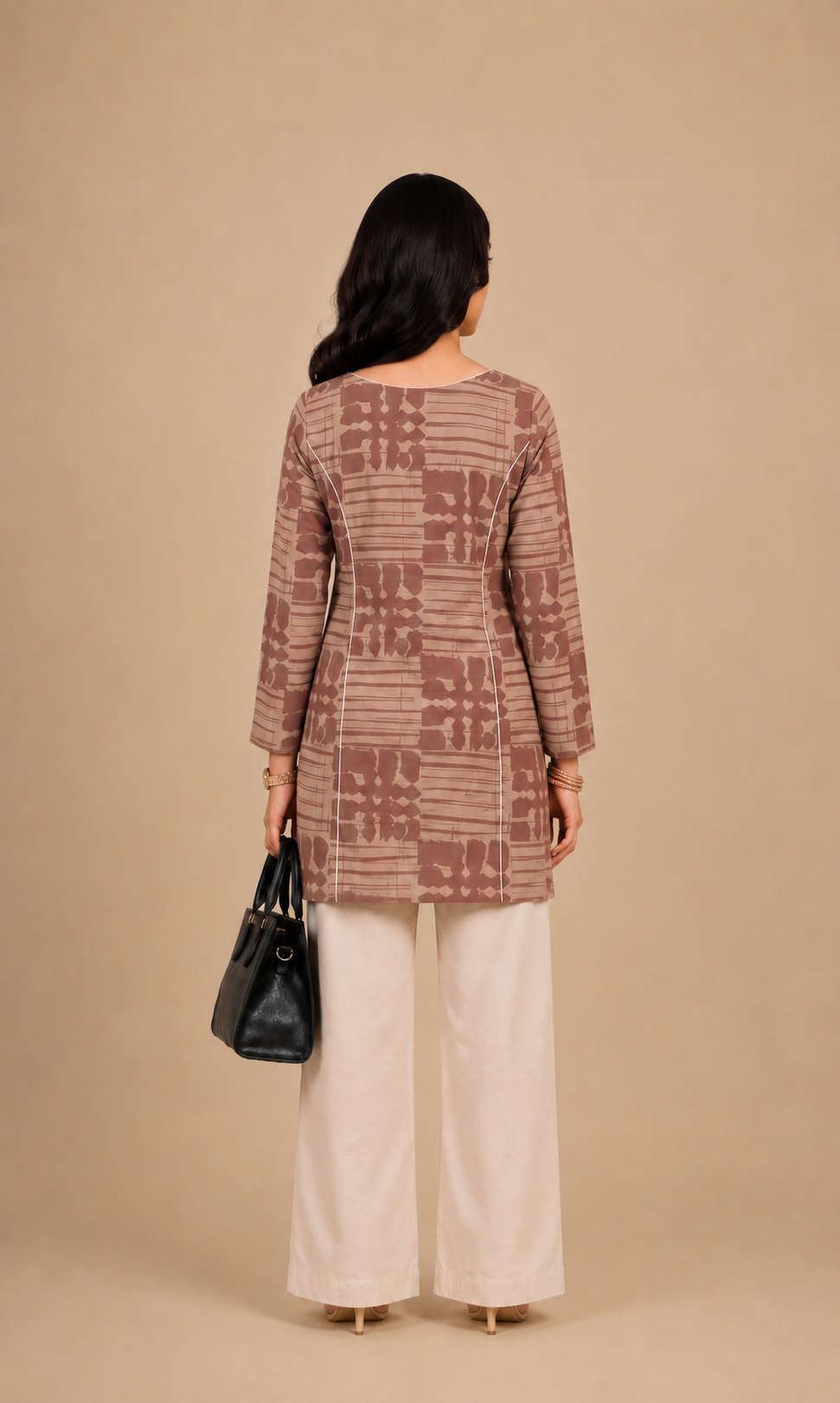 Beige Abstract Grid Print Cotton Short Kurti