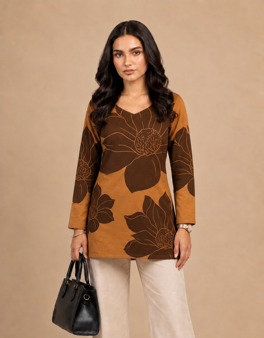 Mustard Brown Floral Printed Straight Kurti