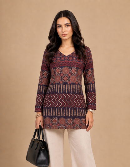 Navy Blue Ethnic Printed Straight Kurti
