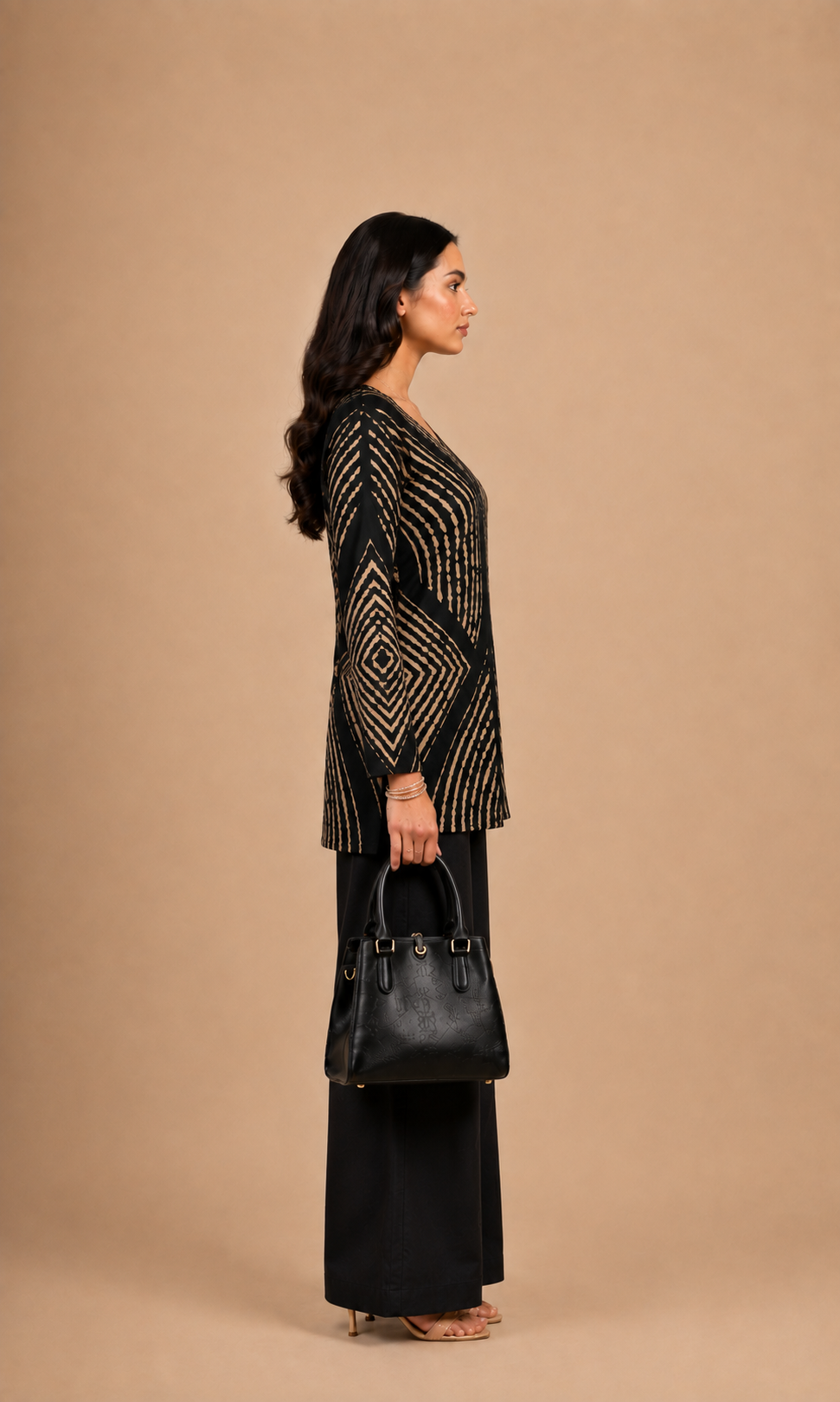 Black & Beige Geometric Printed Short Kurti