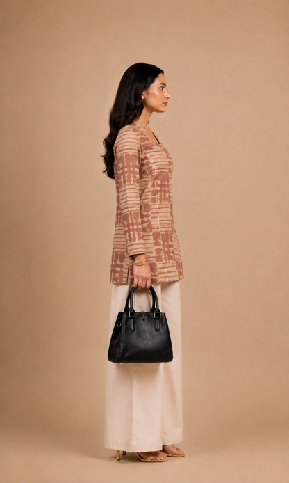 Beige Abstract Grid Print Cotton Short Kurti