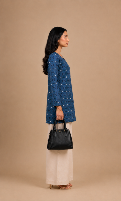 Royal Blue Geometric Printed Straight Kurti