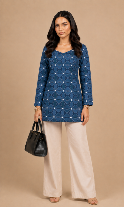 Royal Blue Geometric Printed Straight Kurti