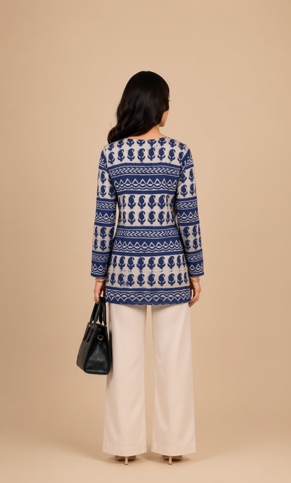 Indigo Ethnic Block Print Cotton Short Kurti