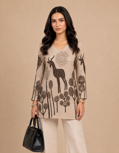 Beige Wildlife Printed Straight Kurti