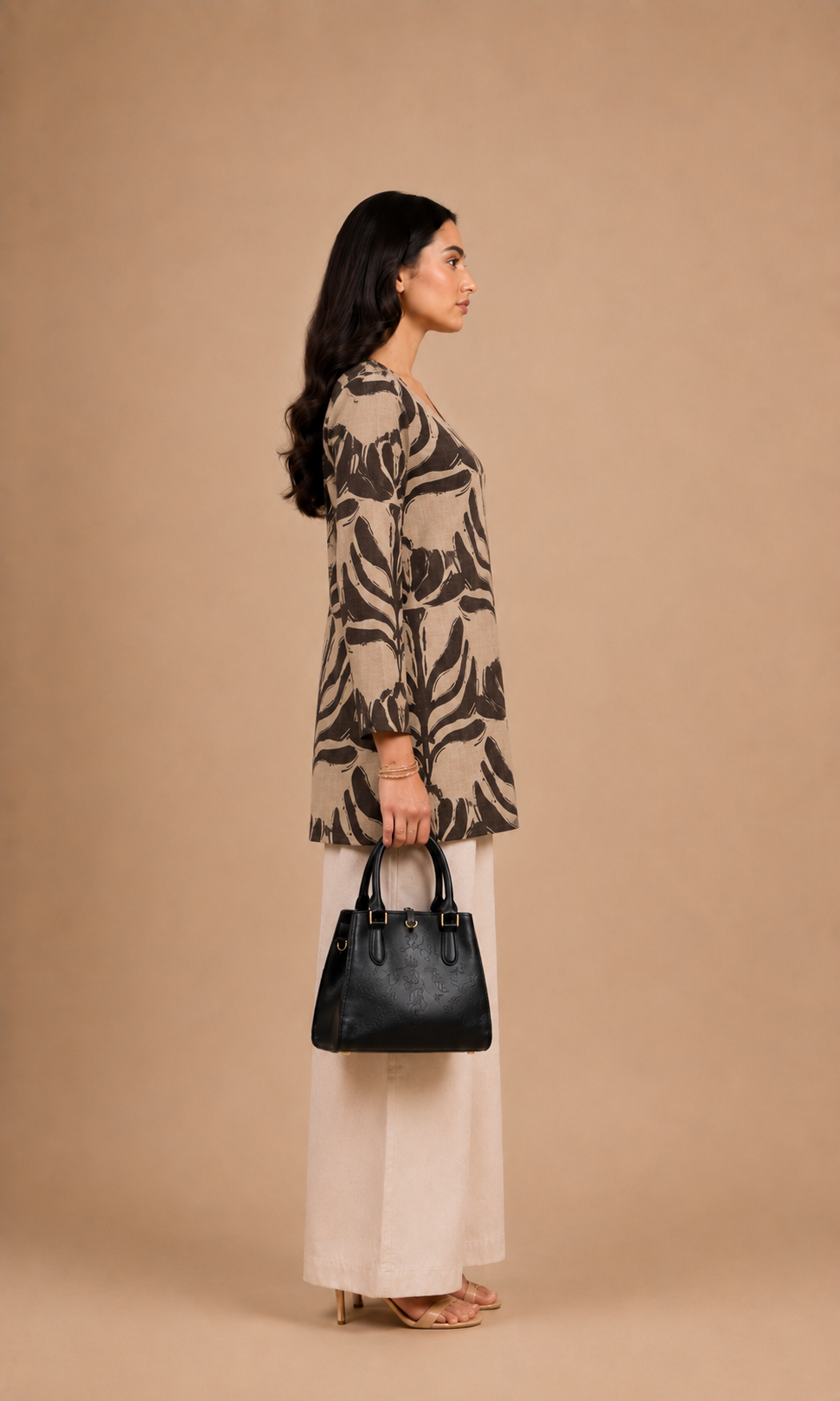Beige & Brown Botanical Printed Kurti