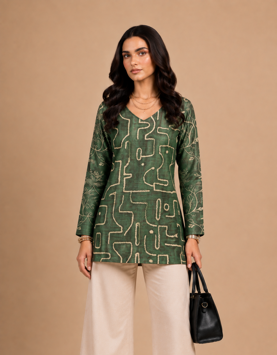 Forest Green Abstract Printed Straight Kurti