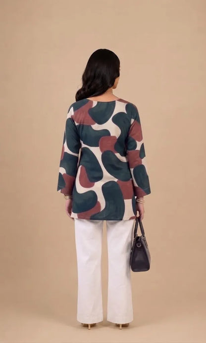 Abstract Earth Tone Print Cotton Short Kurti