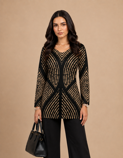 Black & Beige Geometric Printed Short Kurti