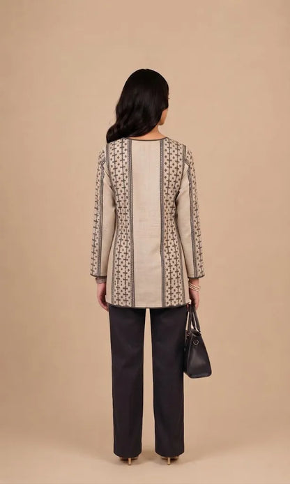 Beige & Black Panel Printed Straight Kurti
