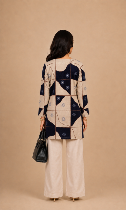 Beige & Navy Geometric Printed Straight Kurti