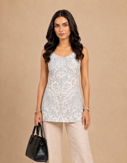 Elegant Floral Vine Print Cotton Short Kurti
