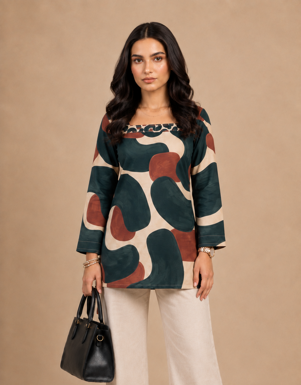 Abstract Earth Tone Print Cotton Short Kurti