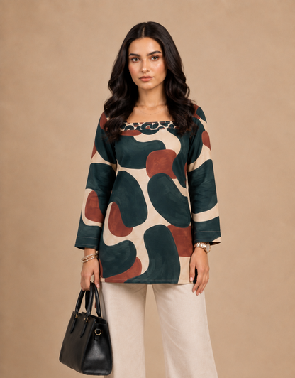 Abstract Earth Tone Print Cotton Short Kurti