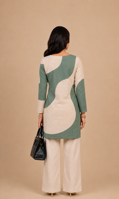 Sage Green & Off White Printed Kurti