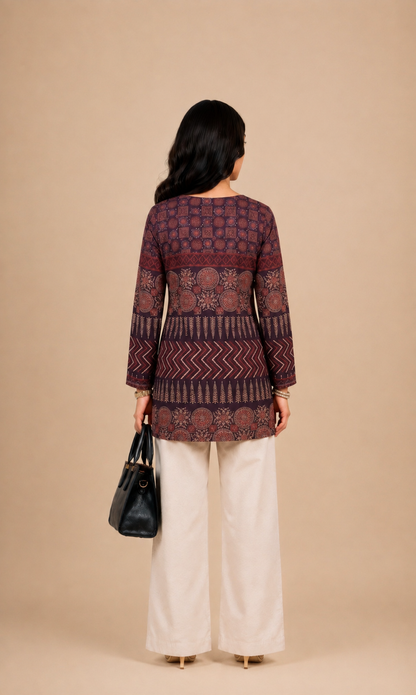 Navy Blue Ethnic Printed Straight Kurti
