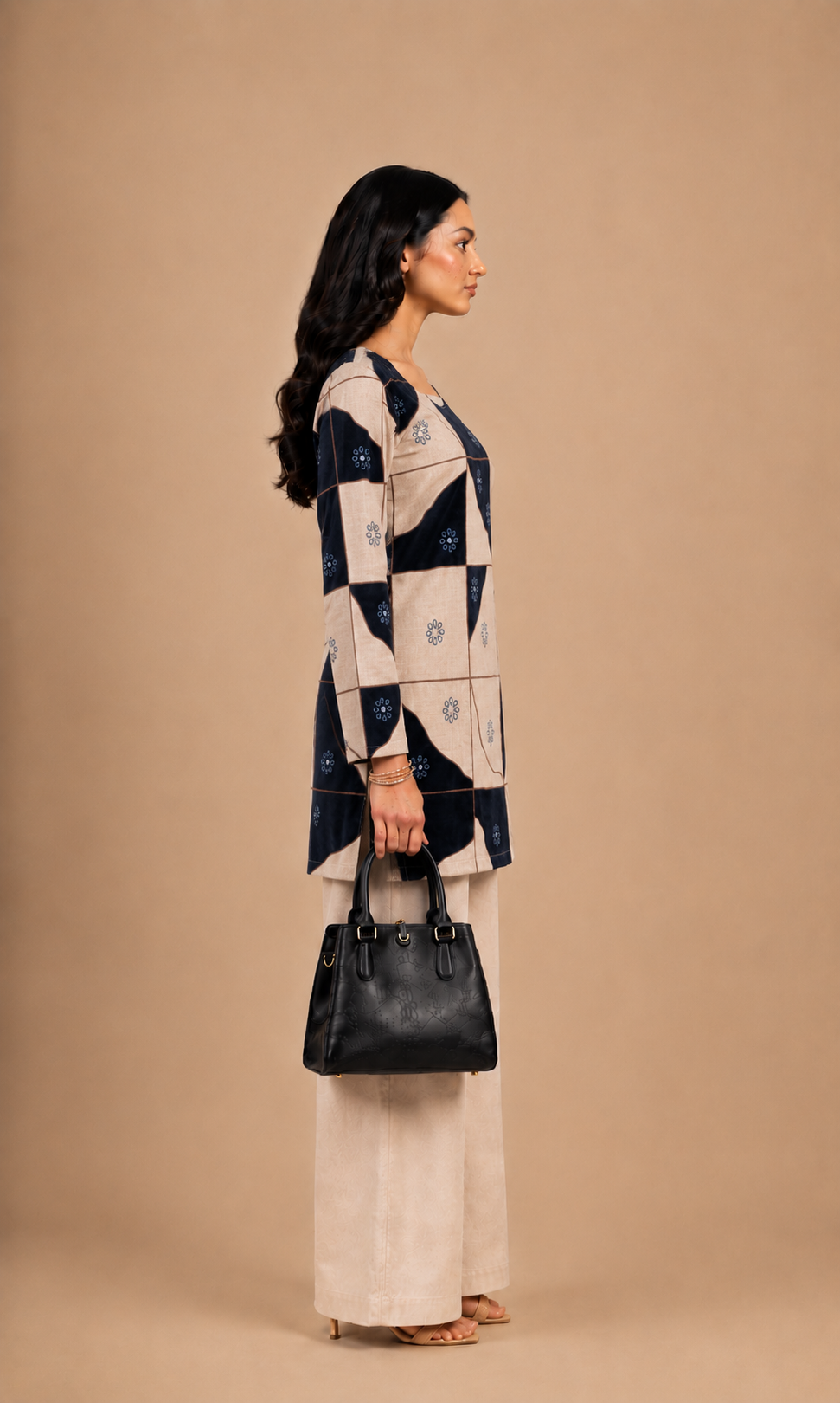 Beige & Navy Geometric Printed Straight Kurti