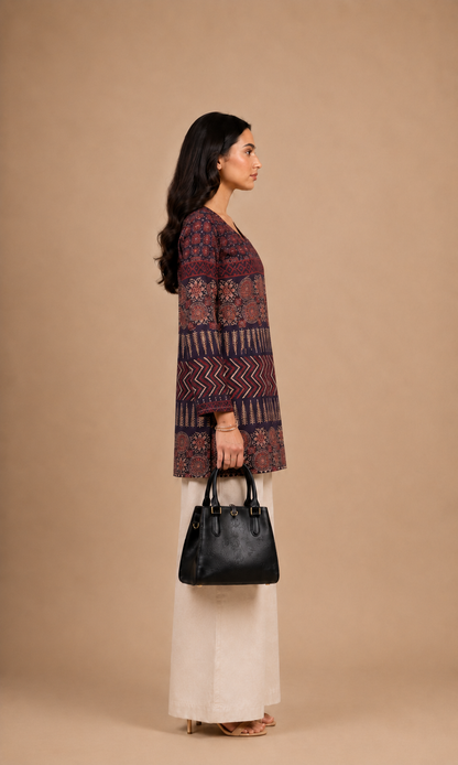 Navy Blue Ethnic Printed Straight Kurti