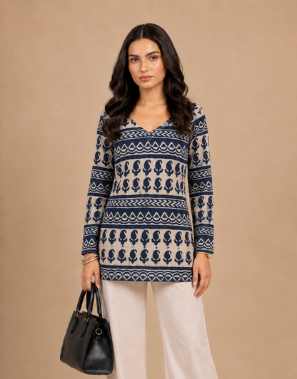 Indigo Ethnic Block Print Cotton Short Kurti