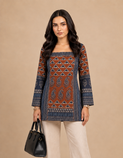 Rust Brown & Navy Blue Ethnic Printed Short Kurti