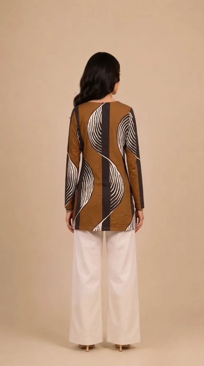 Brown Wave Print Cotton Short Kurti