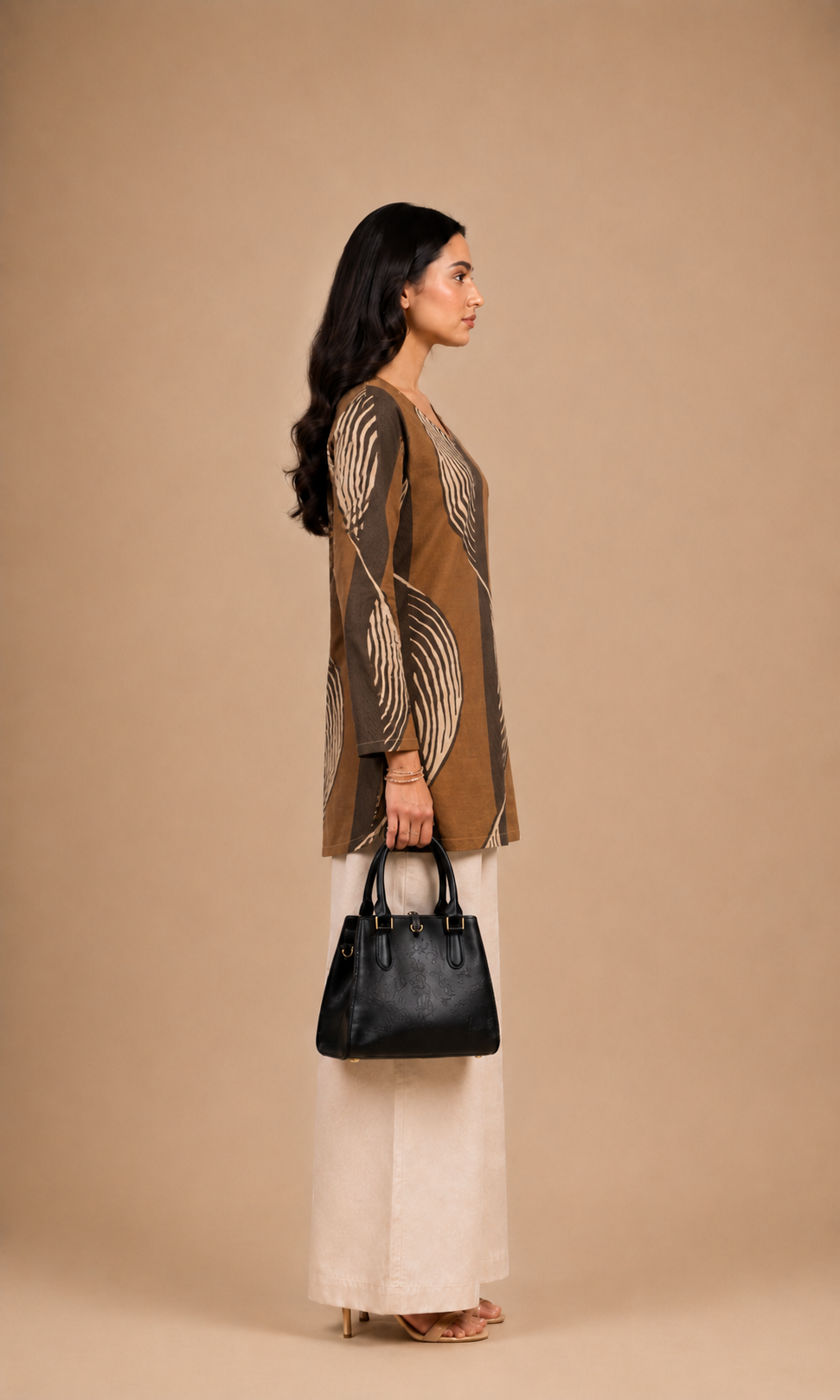 Brown Wave Print Cotton Short Kurti
