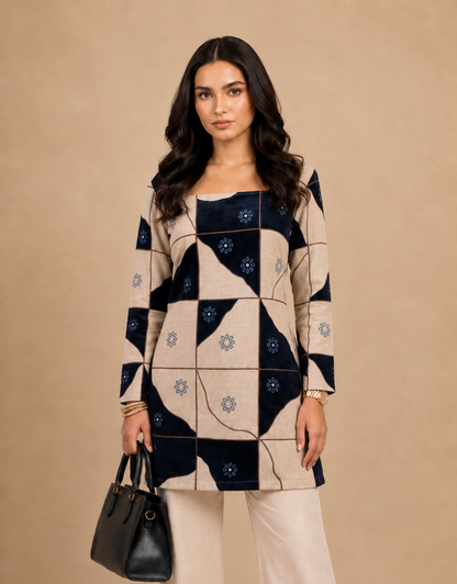 Beige & Navy Geometric Printed Straight Kurti