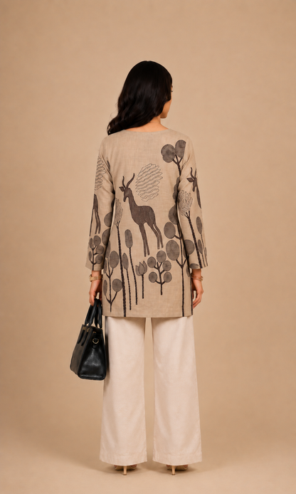 Beige Wildlife Printed Straight Kurti