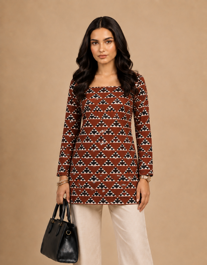 Rust Brown Geometric Printed Straight Kurti