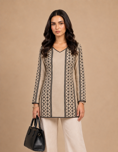 Beige & Black Panel Printed Straight Kurti