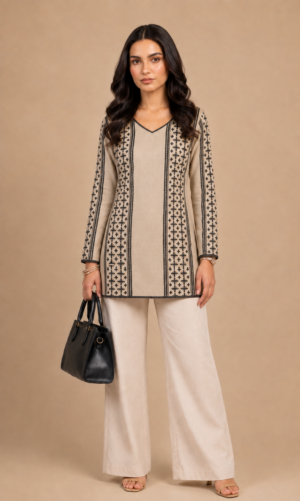 Beige & Black Panel Printed Straight Kurti
