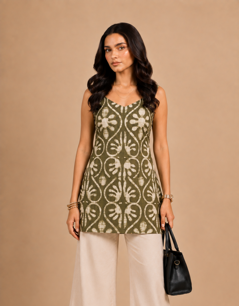Olive Green Floral Printed Straight Kurti