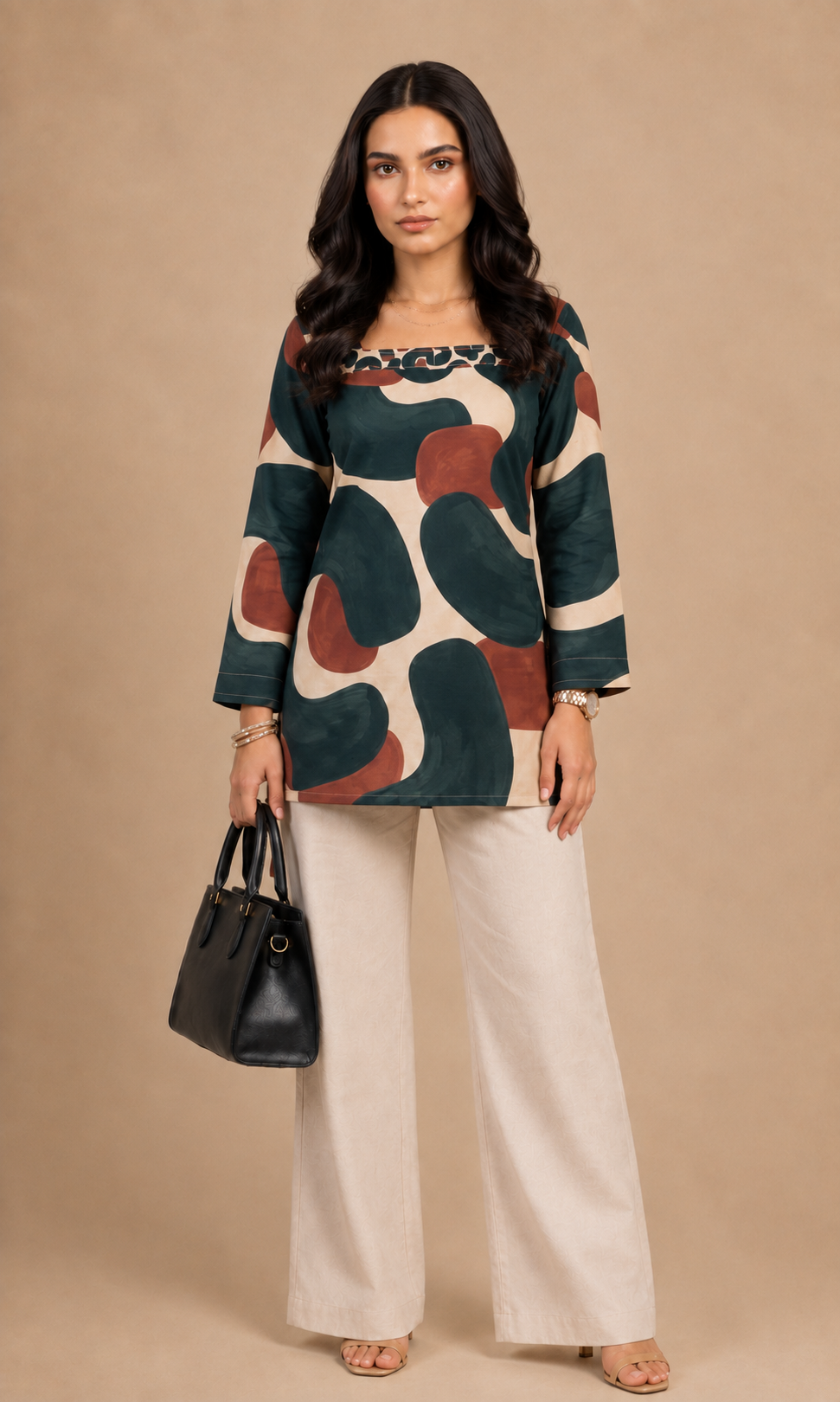 Abstract Earth Tone Print Cotton Short Kurti