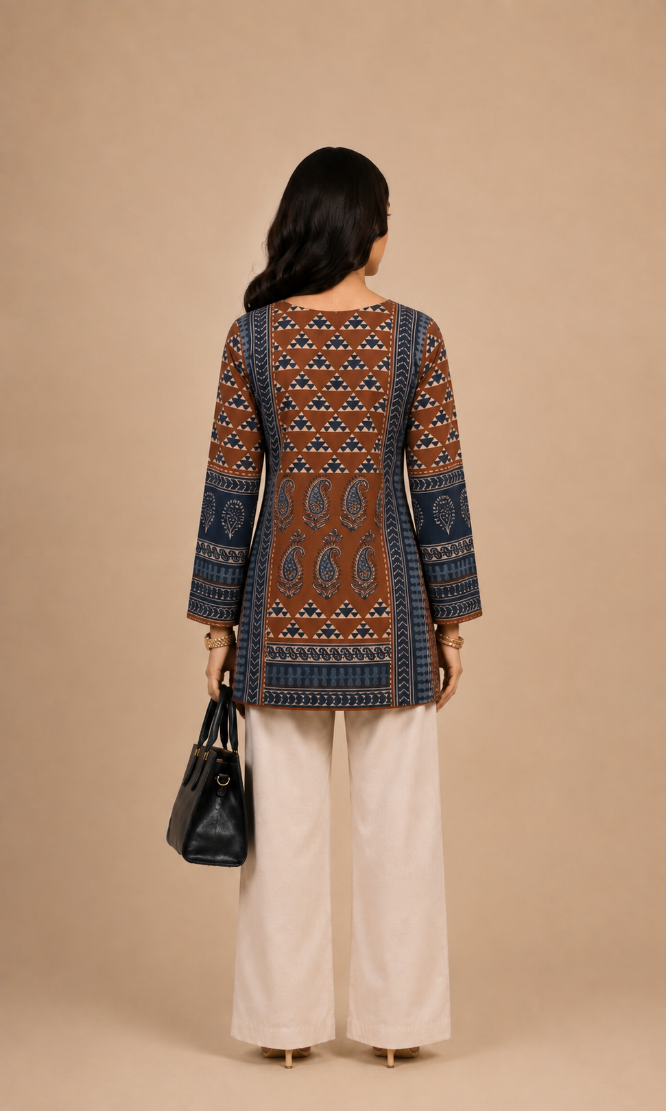 Rust Brown & Navy Blue Ethnic Printed Short Kurti