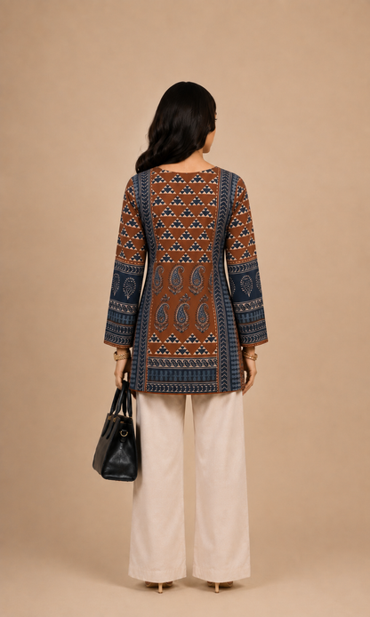 Rust Brown & Navy Blue Ethnic Printed Short Kurti
