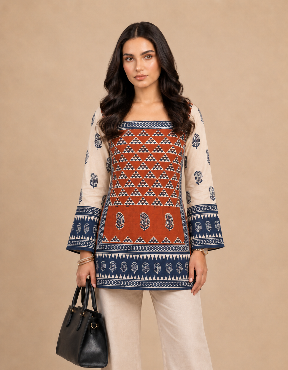 krishna Rust Printed Cotton Short Kurti