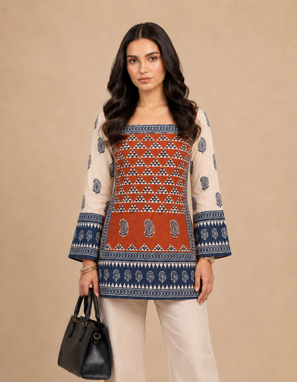 krishna Rust Printed Cotton Short Kurti